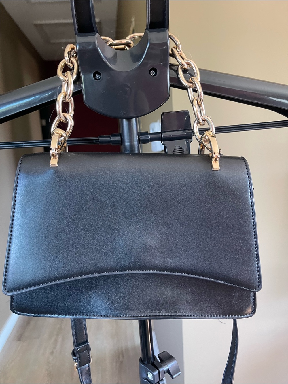 Aqua Black Satin Shoulder Bag with Gold Chain Handles